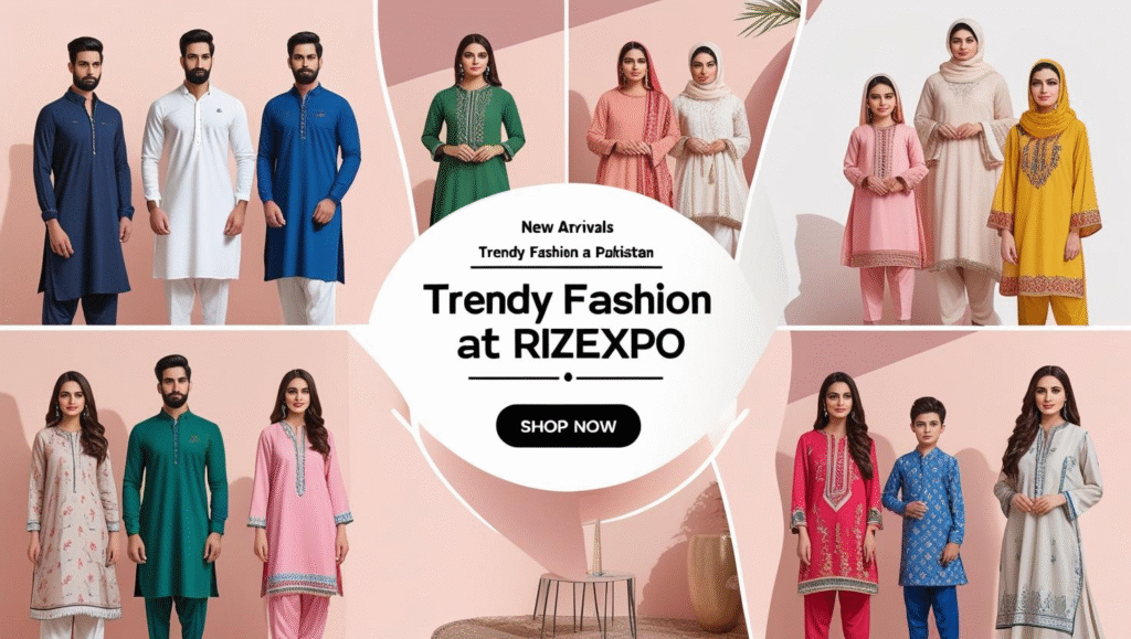 "Trendy fashion and clothing in Pakistan — men’s shirts, women’s dresses, kids’ outfits, and traditional wear available at RizExpo."