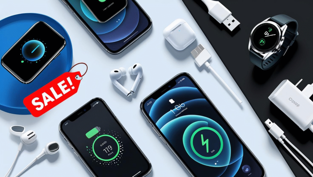 "Shop mobile accessories online — wireless earbuds, smartwatches, fast chargers, USB cables, and smartphones on sale."