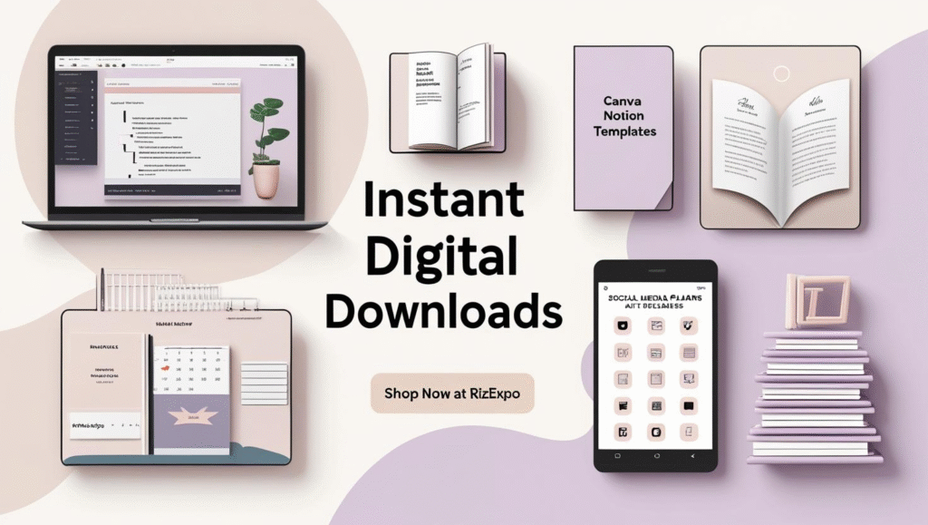 "Digital products and online services in Pakistan — Canva templates, eBooks, planners, and printables available for instant download at RizExpo."
