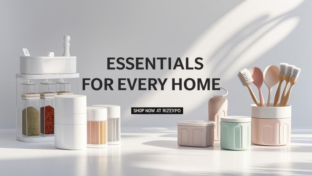 "Home and kitchen essentials in Pakistan — storage containers, cleaning tools, kitchen organizers, and cooking gadgets available at RizExpo."